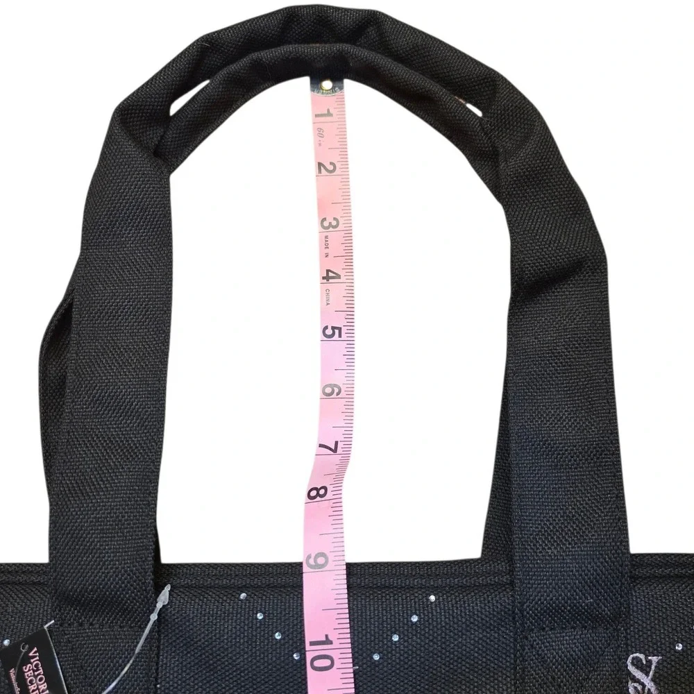 Victoria's Secret Black Canvas Tote Bag Silver Monogram Rhinestone Zip Top NEW